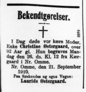 Dødsannonce Lemvig Folkeblad 21. September 1910